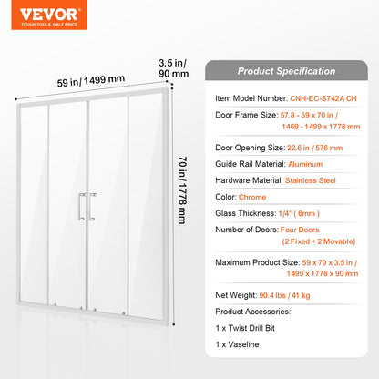 Semi-frameless Shower Door, 57.8-59" W x 70" H, Double Sliding Glass Door with 1/4"(6mm) Clear Tempered Glass, Waterproof Shatterproof NANO Stain-Resistant with Stainless Steel Hardware, Chrome