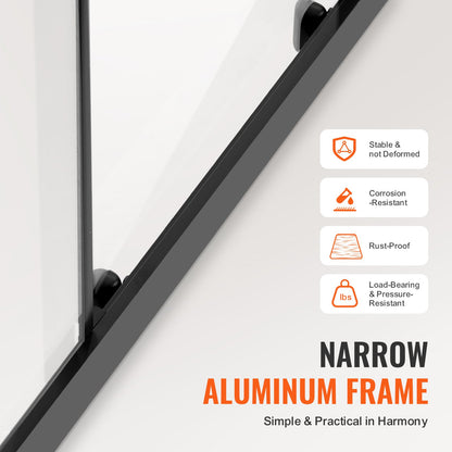 Duschdörr utan ram, 147-149 cm B x 180 cm H, dubbel skjutdörr i glas med 6 mm härdat glas, vattentät, splittersäker, fläckbeständig med rostfria beslag, mattsvart