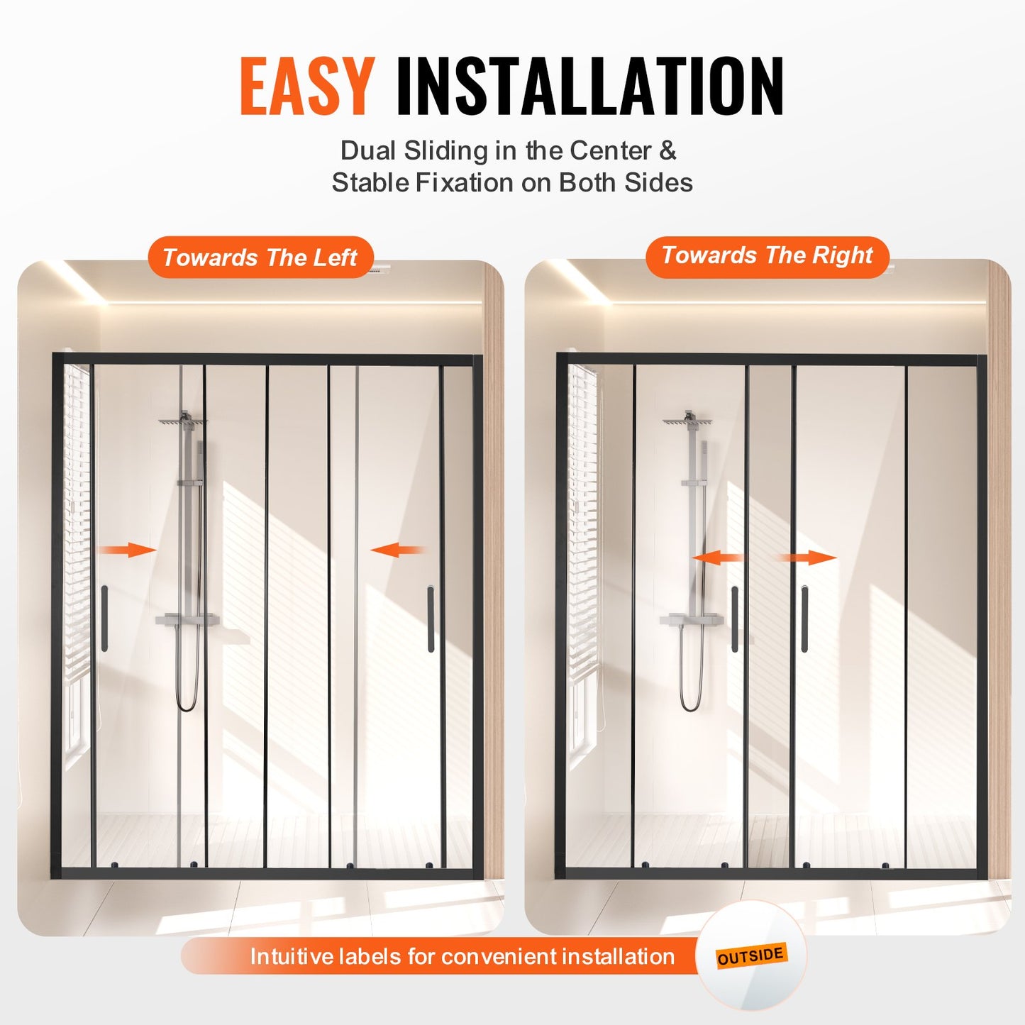 Duschdörr utan ram, 147-149 cm B x 180 cm H, dubbel skjutdörr i glas med 6 mm härdat glas, vattentät, splittersäker, fläckbeständig med rostfria beslag, mattsvart