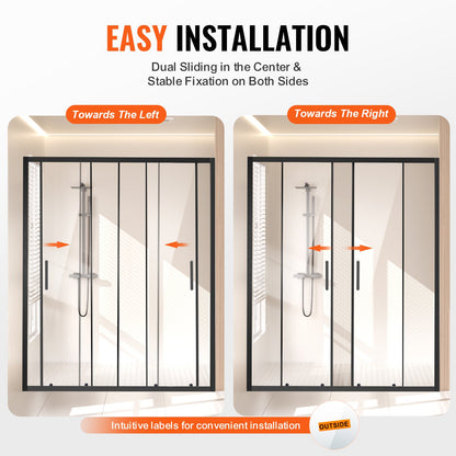 Duschdörr utan ram, 147-149 cm B x 180 cm H, dubbel skjutdörr i glas med 6 mm härdat glas, vattentät, splittersäker, fläckbeständig med rostfria beslag, mattsvart