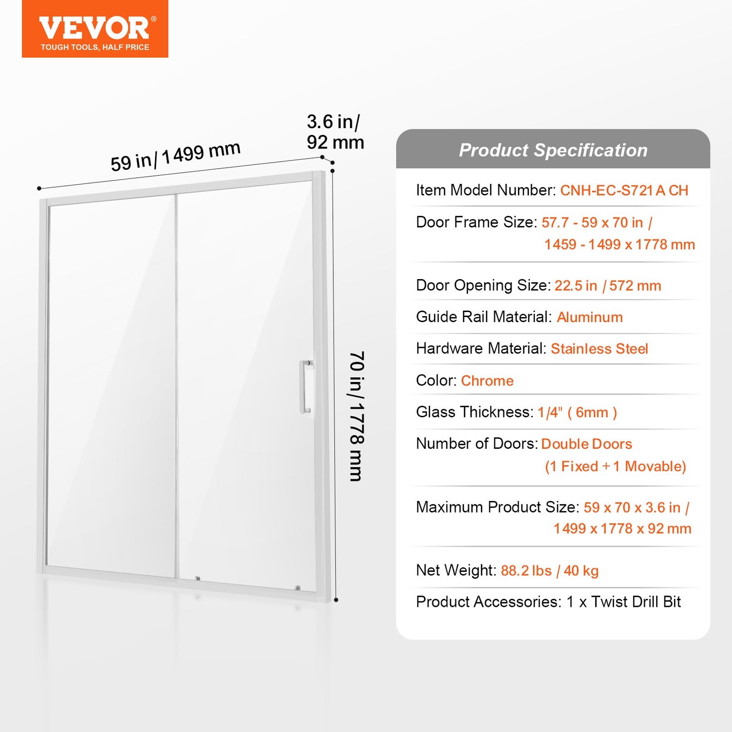 Semi-frameless Shower Door, 57.7-59" W x 70" H, Shower Sliding Glass Door with 1/4"(6mm) Clear Tempered Glass, Waterproof Shatterproof NANO Stain-Resistant with Stainless Steel Hardware, Chrome