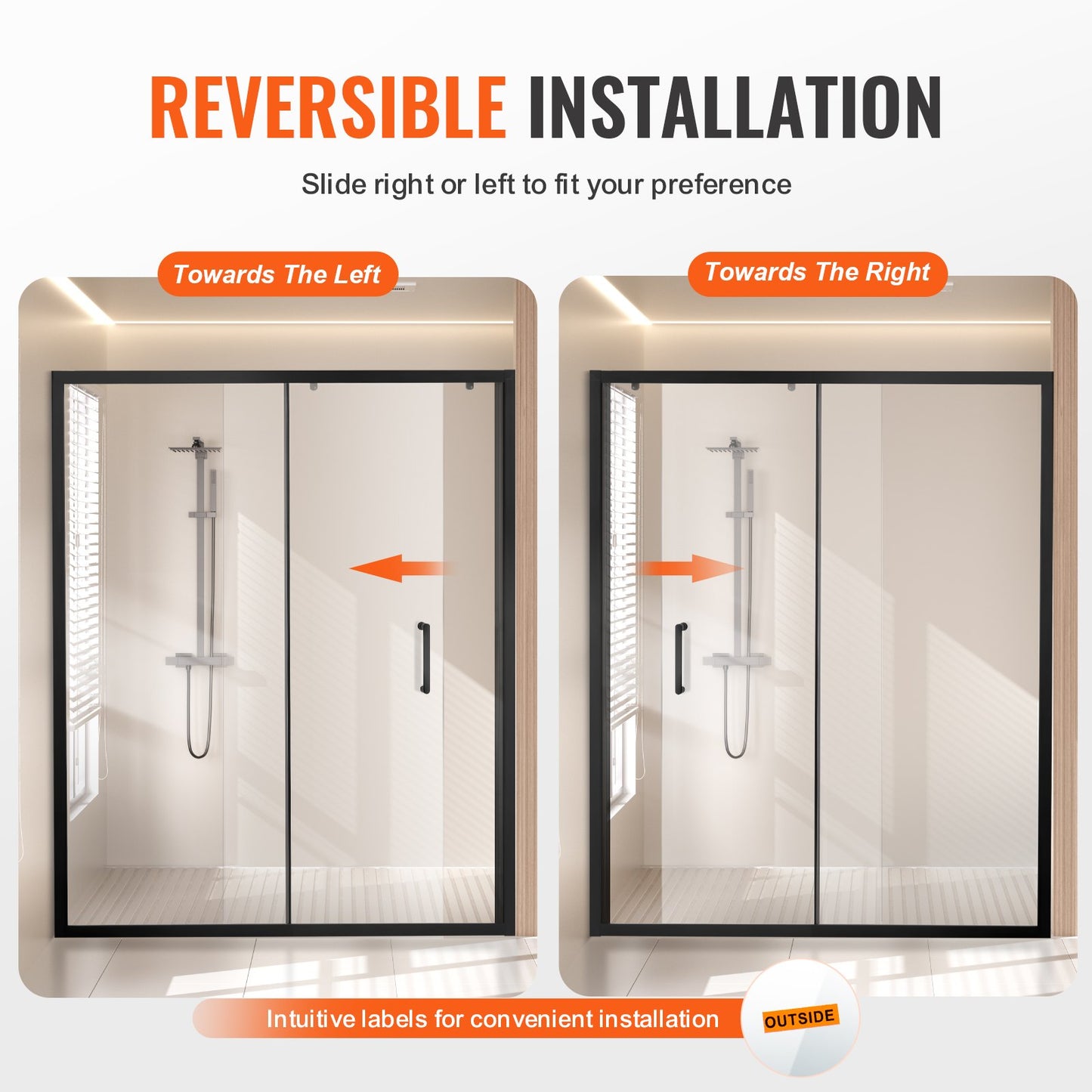 Duschdörr utan ram, 147-149 cm B x 180 cm H, skjutdörr i glas med 6 mm härdat glas, vattentät, splittersäker, fläckbeständig med rostfria beslag, mattsvart