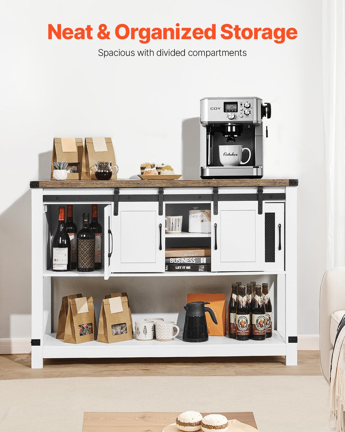 Coffee Bar Cabinet, 47.3 x 15.7 x 32.7 in Farmhouse Coffee Bar Cabinet with 4-Tier Storage, Coffee Bar Table with Barn Doors, Farmhouse Sideboard Buffet Cabinet for Living Room, Entryway