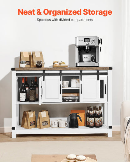 Coffee Bar Cabinet, 47.3 x 15.7 x 32.7 in Farmhouse Coffee Bar Cabinet with 4-Tier Storage, Coffee Bar Table with Barn Doors, Farmhouse Sideboard Buffet Cabinet for Living Room, Entryway