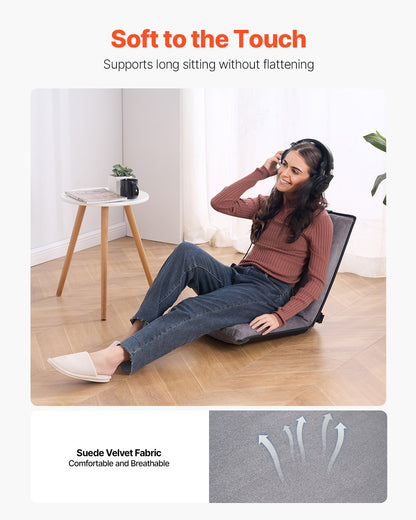 Golvstol, 6-positions justerbar meditationsstol med ryggstöd, hopfällbar soffstol för läsning, TV-tittande och spel, bärbar golvstol, loungesoffa för barn, tonåringar, vuxna, grå