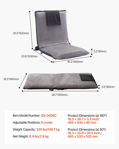 Golvstol, 6-positions justerbar meditationsstol med ryggstöd, hopfällbar soffstol för läsning, TV-tittande och spel, bärbar golvstol, loungesoffa för barn, tonåringar, vuxna, grå