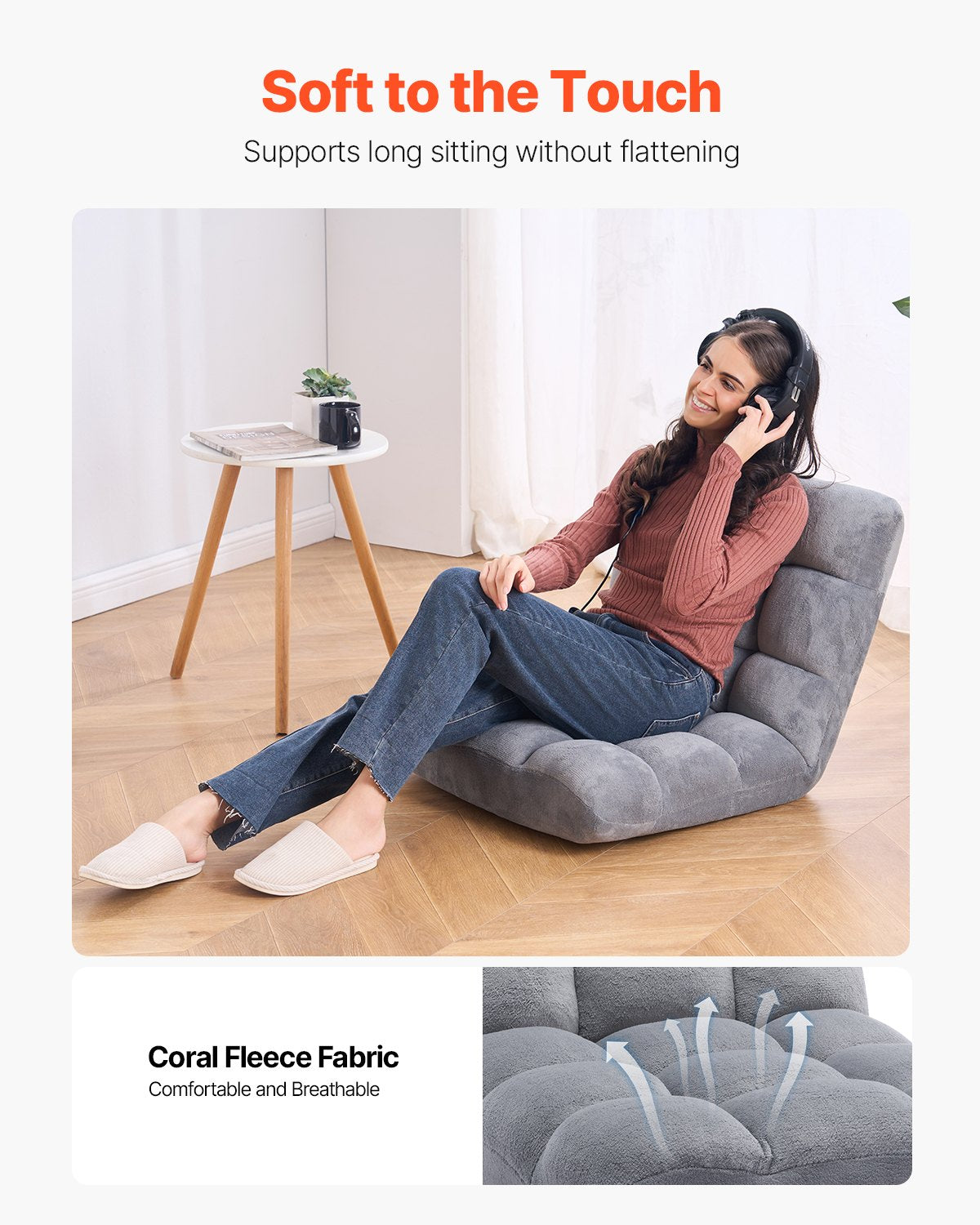 Golvstol, hopfällbar soffa i återvunnet skum med 14 justerbara positioner, multifunktionell golvstol med ryggstöd, perfekt för att sova och läsa, golvspelstol för vardagsrum, grå