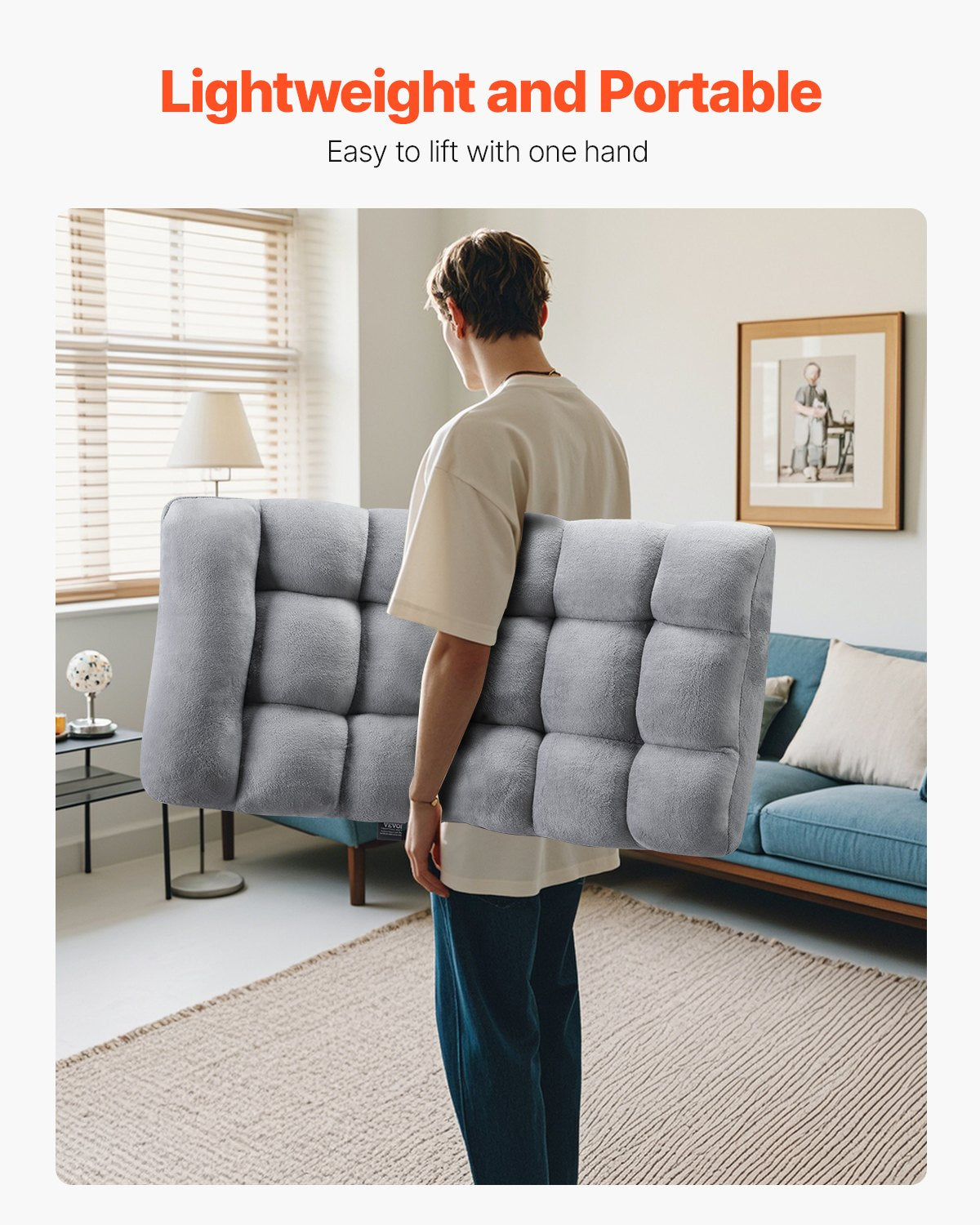 Golvstol, hopfällbar soffa i återvunnet skum med 14 justerbara positioner, multifunktionell golvstol med ryggstöd, perfekt för att sova och läsa, golvspelstol för vardagsrum, grå