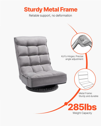 Vridbar golvspelstol, 360-graders roterande golvstol med 4 justerbara positioner, fällbart ryggstöd och ländryggsstöd, hopfällbar videosoffa för att titta på TV, läsa och spela spel, grå