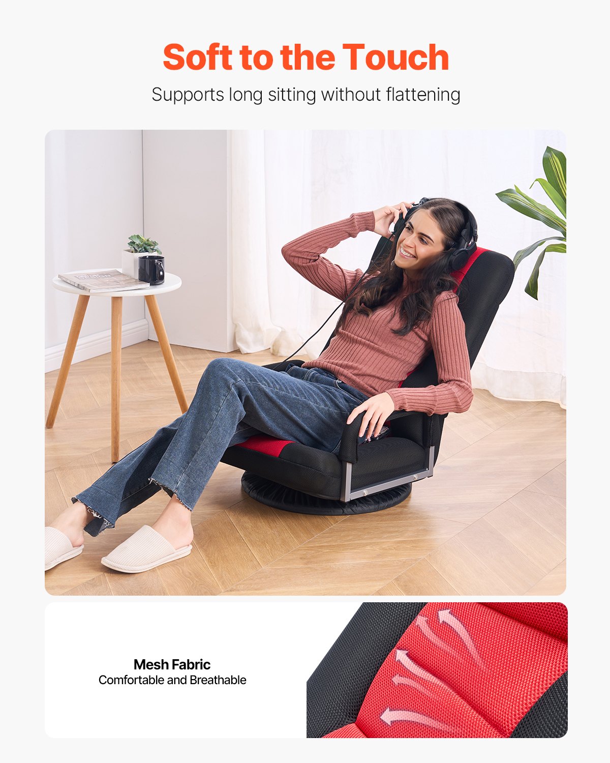 Swivel Floor Gaming Chair with Armrests, 360-Degree Rotating Floor Chair with 6 Adjustable Position Folding Backrest and Lumbar Support, Folding Video Reclining Sofa for TV Reading, Red Black