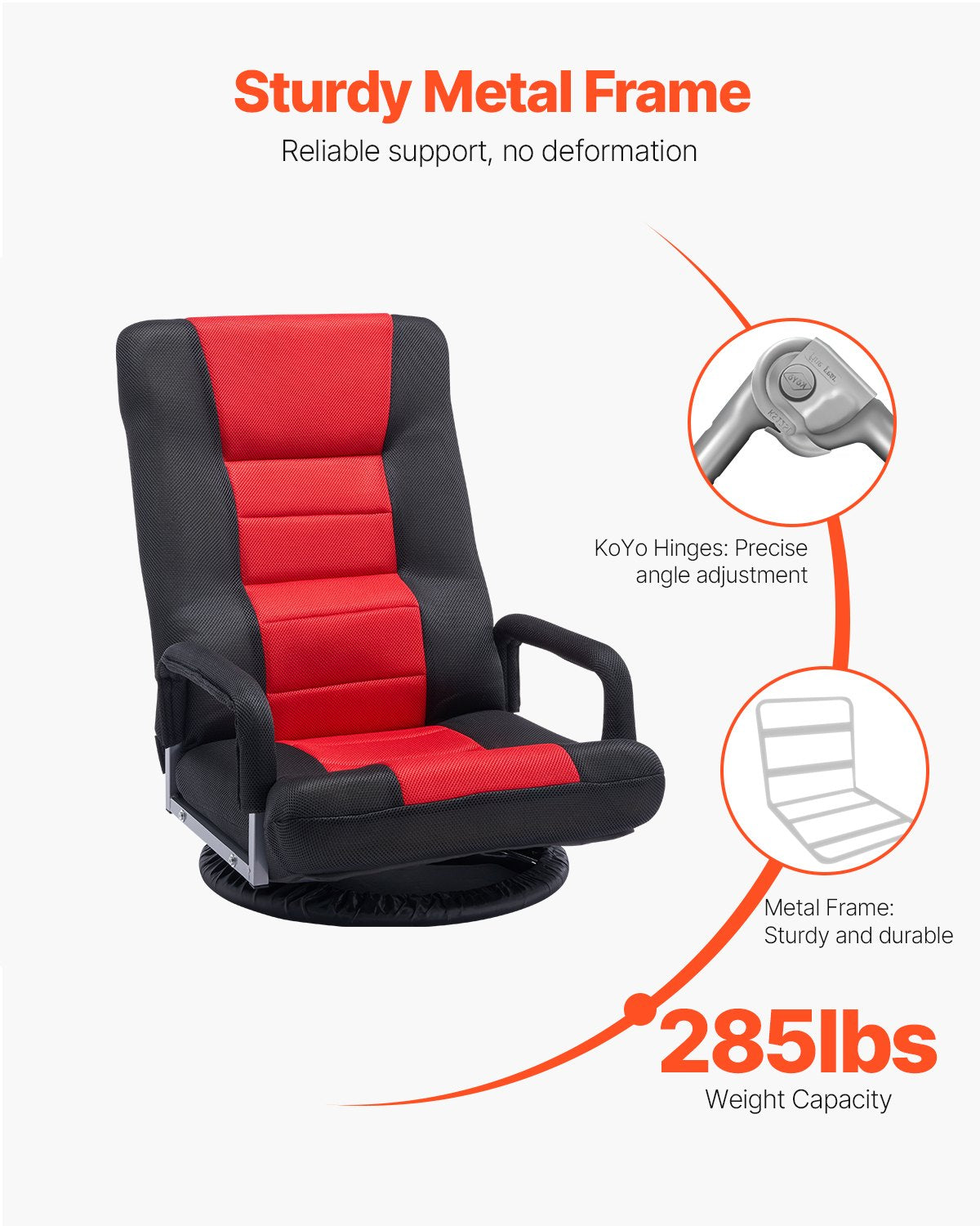 Swivel Floor Gaming Chair with Armrests, 360-Degree Rotating Floor Chair with 6 Adjustable Position Folding Backrest and Lumbar Support, Folding Video Reclining Sofa for TV Reading, Red Black