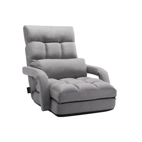 Floor Chair, Floor Gaming Chair with 5 Adjustable Position and Back Support, Folding Sofa Chair with Armrest for Adults, Sofa Lounger Bed with Back Cushion for Living Room and Bedroom, Gray