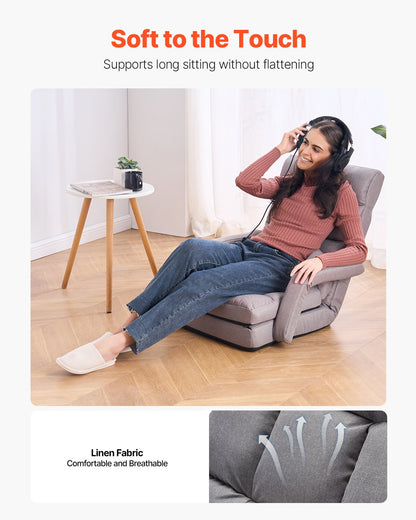 Golvstol, Golvspelstol med 5 justerbara positioner och ryggstöd, Hopfällbar soffstol med armstöd för vuxna, Soffa med ryggkudde för vardagsrum och sovrum, Grå