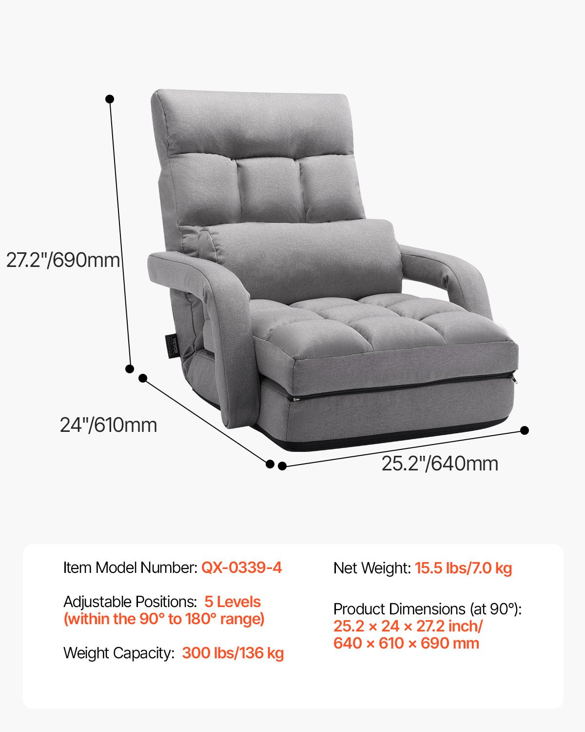 Golvstol, Golvspelstol med 5 justerbara positioner och ryggstöd, Hopfällbar soffstol med armstöd för vuxna, Soffa med ryggkudde för vardagsrum och sovrum, Grå