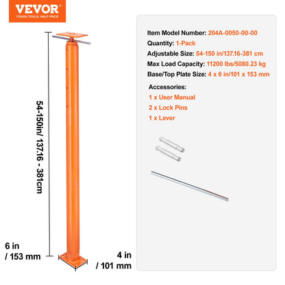 Domkraft för husgolv, höjdområde 136-48 cm, max lastkapacitet 5400 kg, justerbar stödbalk, källardomkraft, stolpe för nivellering, lyftstöd, teleskopdomkraft i stål för tillfälligt stöd