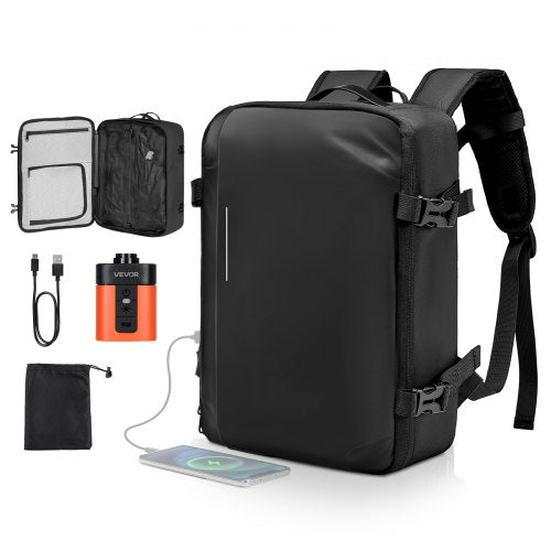 Vacuum Travel Backpack, 35L, Vacuum Seal Compression Travel Backpack with Air Pump, Multiple Pockets & Compartments, Water-Resistant Carry-On Suitcase Luggage, Casual Personal Item Bag, Black