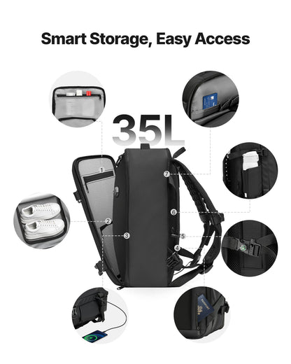 Vacuum Travel Backpack, 35L, Vacuum Seal Compression Travel Backpack with Air Pump, Multiple Pockets & Compartments, Water-Resistant Carry-On Suitcase Luggage, Casual Personal Item Bag, Black