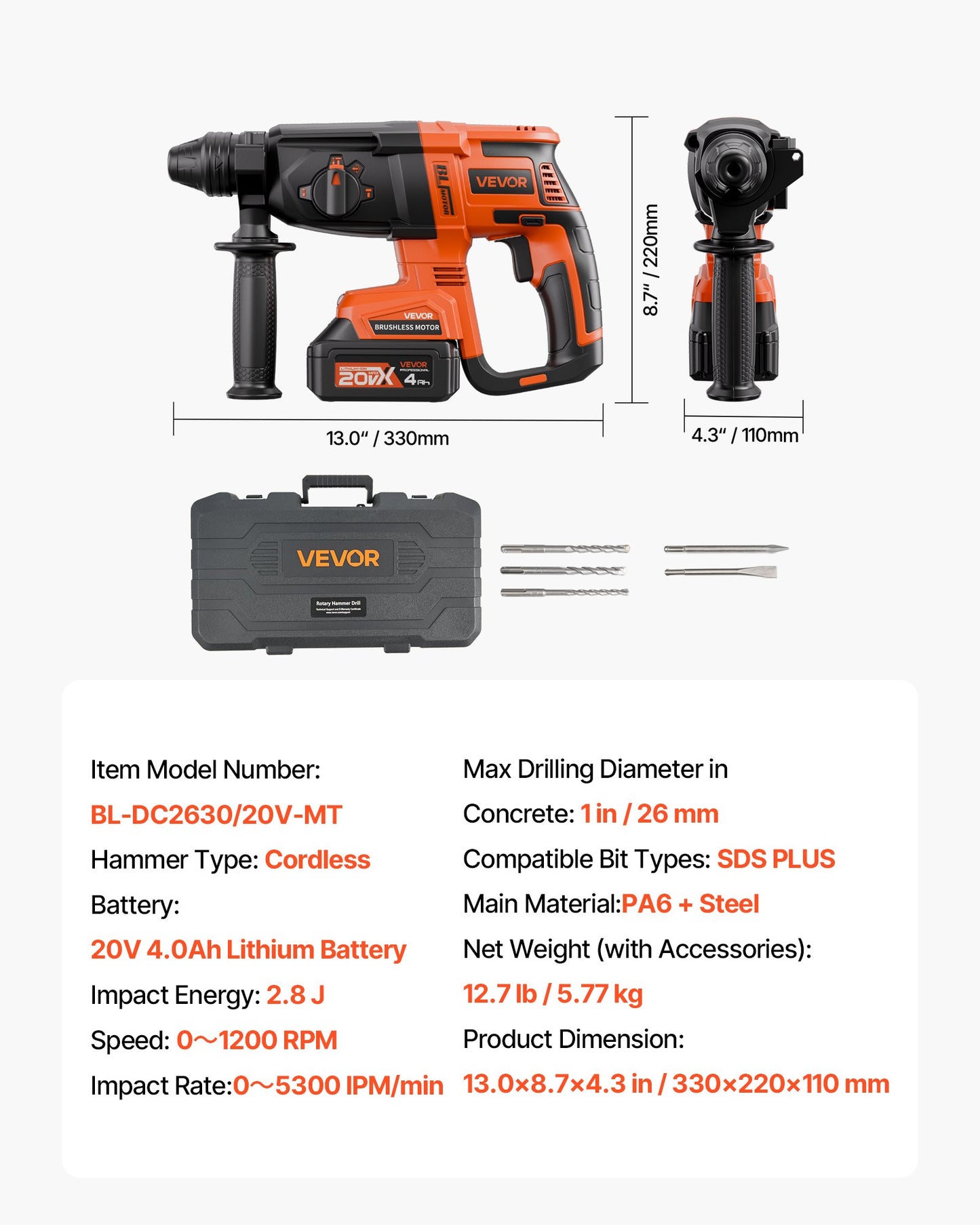 20V Brushless Cordless Hammer Drill, Lithium-Ion 1 Inch Rotary Hammer Driver, SDS-Plus Electric Lightweight Power Tool Kit with Battery and Charger, 4 Functions, 1200 RPM, 5300 BPM