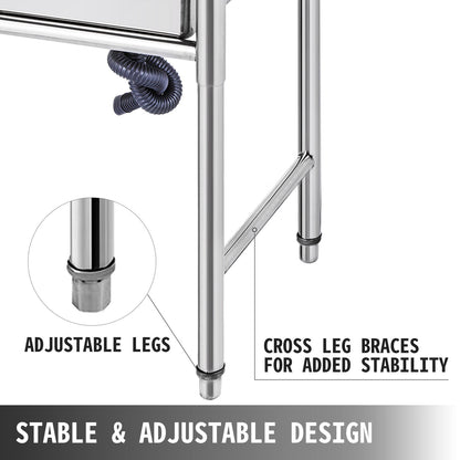 Handgjord diskho Icke-magnetisk diskho i rostfritt stål Handgjord 1 fack 16 x 15,5 x 10 tums kapacitet Stor diskho med badkar och höger plattform för lantligt café, butik, sjukhus