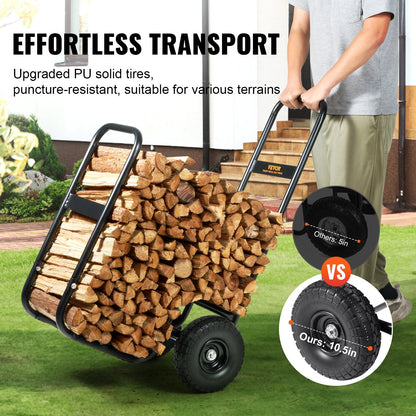 Firewood Log Cart, 113.4 kg Capacity, Outdoor and Indoor Wood Rack Storage Mover with PU Wheels & Waterproof Cloth, Heavy Duty Steel Dolly Hauler, Firewood Carrier for Fireplace, Fire Pit, Black