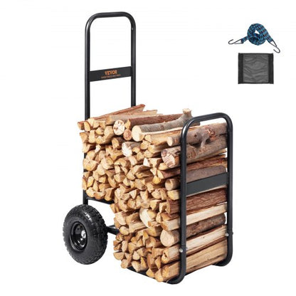 Firewood Log Cart, 113.4 kg Load Capacity, Outdoor and Indoor Wood Rack Storage Mover with Pneumatic Rubber Wheels, Heavy Duty Steel Dolly Hauler, Firewood Carrier for Fireplace, Fire Pit, Black