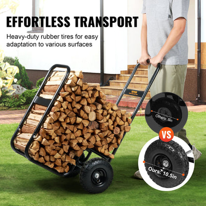 Firewood Log Cart, 113.4 kg Load Capacity, Outdoor and Indoor Wood Rack Storage Mover with Pneumatic Rubber Wheels, Heavy Duty Steel Dolly Hauler, Firewood Carrier for Fireplace, Fire Pit, Black