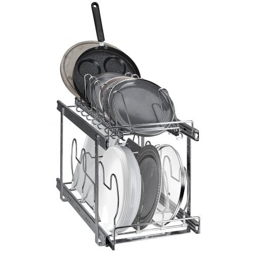 Stek- och kastrullställ, 2-våningars utdragbar organisatör under skåp, bakplåtsställ för bakformar, justerbara trådavdelare, hållare i stållock för köksskåp och skafferi, 12"B