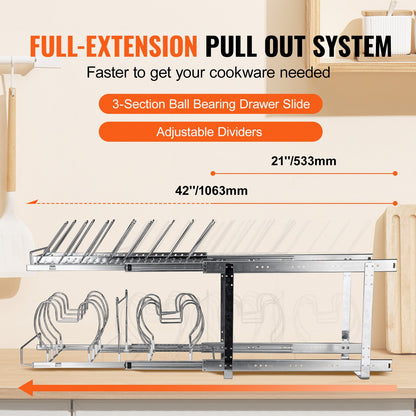 Pan and Pot Rack, 2-Tier Expandable Pull Out Under Cabinet Organizer, Cookie Sheet Baking Pans Tray Racks, Adjustable Wire Dividers, Steel Lid Holder for Kitchen Cabinet & Pantry Storage, 12"W