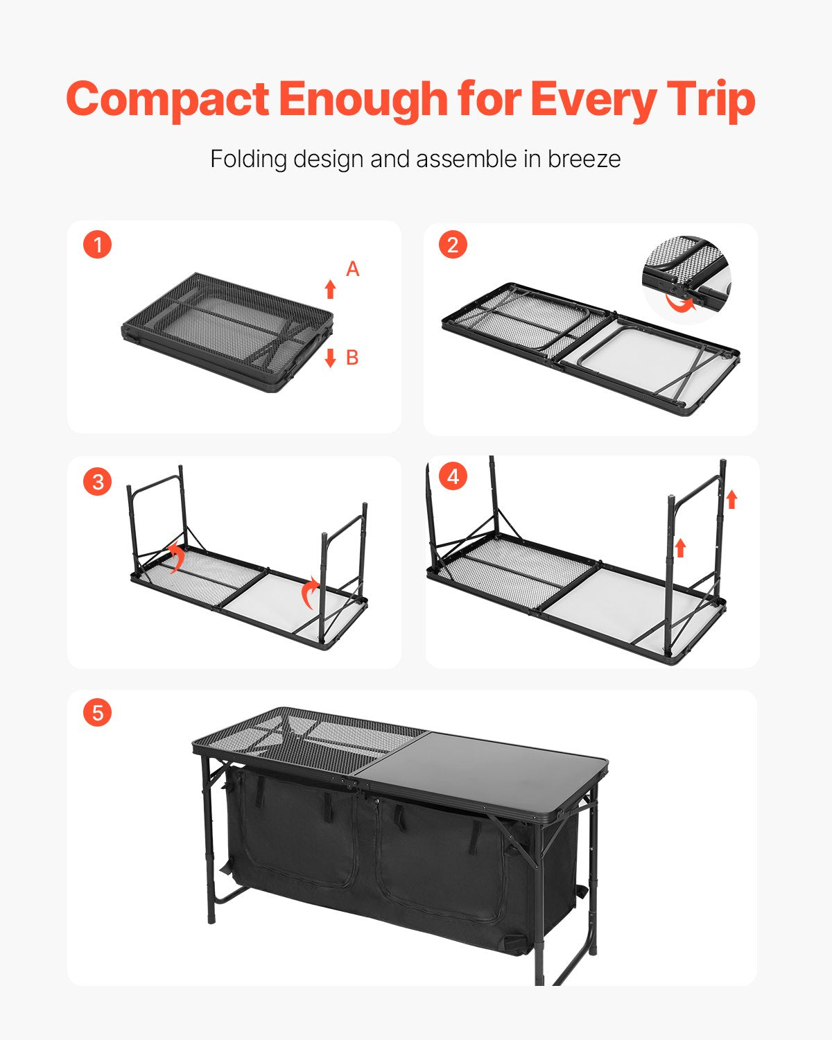 Camping Kitchen Table, Folding Outdoor Cooking Table, 3 Adjustable Heights, Aluminum Lightweight Portable Cook Station with Storage Organizer, Carry Handle, for BBQ Party Picnic RV Travel, Black