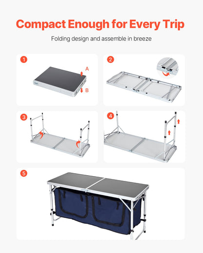 Camping Kitchen Table, Folding Outdoor Cooking Table, 3 Adjustable Height, Aluminum Lightweight Portable Cook Station with Storage Organizer, Carry Handle, for BBQ Party Picnic RV Travel, Blue