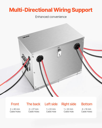 Batterilåda, Grupp 24/31 Batterilåda för trollingmotor, Marinbatterilåda med lås, handtag och gummigenomföring för kabelhål, Skal i rostfritt stål, Lämplig för bilar, båtar och trollingmotorer
