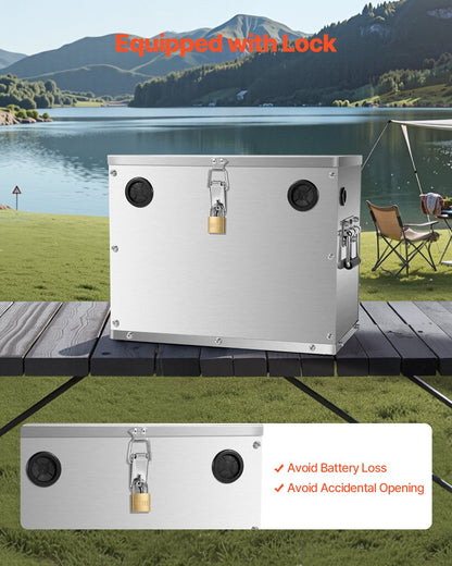 Batterilåda, Grupp 24/31 Batterilåda för trollingmotor, Marinbatterilåda med lås, handtag och gummigenomföring för kabelhål, Skal i rostfritt stål, Lämplig för bilar, båtar och trollingmotorer