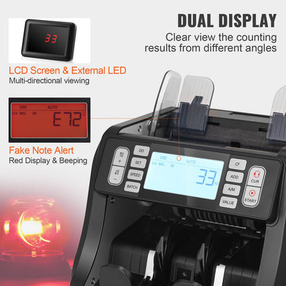Penningräknare, sedelräknare med UV-, MG-, IR- och DD-förfalskningsdetektering, USD- och EUR-kontanträknare med summerings- och batchlägen, stor LCD-skärm och extern display