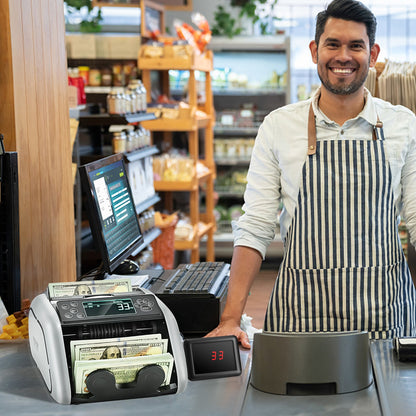 Penningräknare, sedelräknare med UV-, MG-, IR- och DD-förfalskningsdetektering, USD- och EUR-kassaräknare med stor LCD-skärm och extern display för småföretag