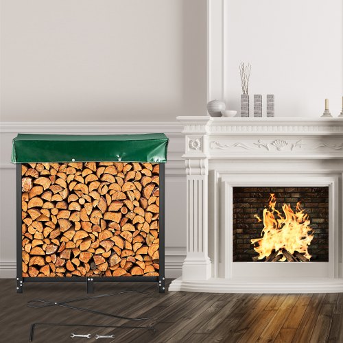 Firewood Log Rack, 6ft Firewood Rack Outdoor, Black Firewood Rack stand, Steel Outdoor Wood Rack, Firewood Log Holder with Load Capacity 1300lbs, Firewood Rack with Cover & Fireplace Tool Set