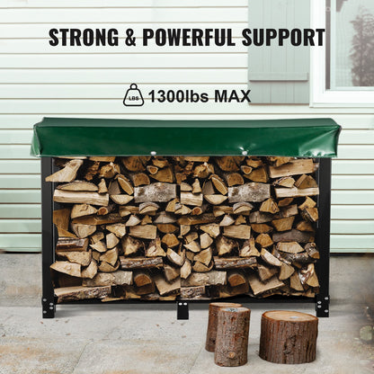 Firewood Log Rack, 2.44 m Firewood Rack Outdoor, Black Firewood Rack Stand, Steel Outdoor Wood Rack, Firewood Log Holder with Load Capacity 590 kg, Firewood Rack with Cover & Fireplace Tool Set