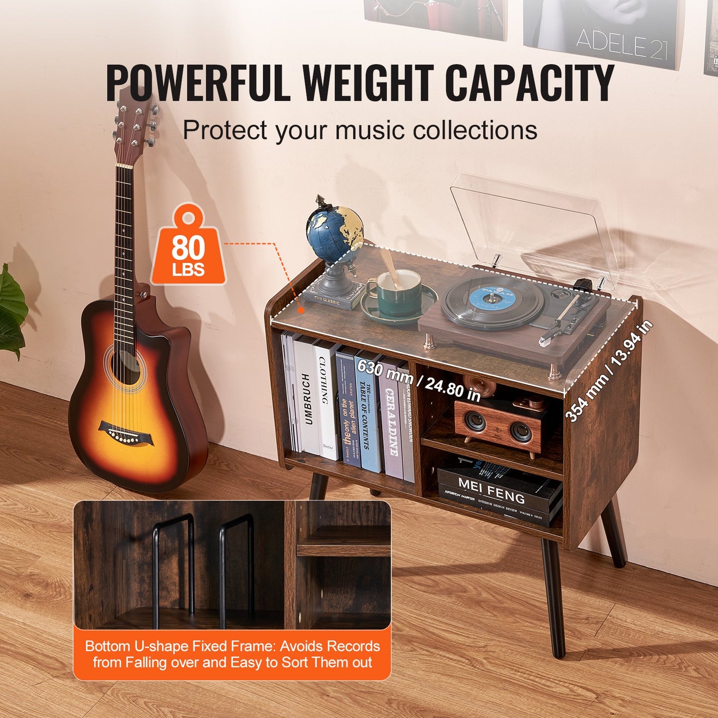 Record Player Stand, Turntable Stand Holds Up to 100 Albums, Vintage Vinyl Record Cabinet with Removable Shelves, Record Player Table with Adjustable Height for Living Room, Bedroom, Brown