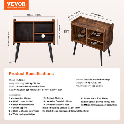 Record Player Stand, Turntable Stand Holds Up to 100 Albums, Vintage Vinyl Record Cabinet with Removable Shelves, Record Player Table with Adjustable Height for Living Room, Bedroom, Brown