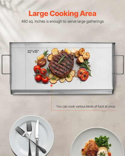 Stainless Steel Griddle, 32x16 inch Universal Flat Top Rectangular Plate, Gas Grill Griddle for BBQ Grill, Teppanyaki, Portable Family Cookware with Handle, for Camping Tailgating Party