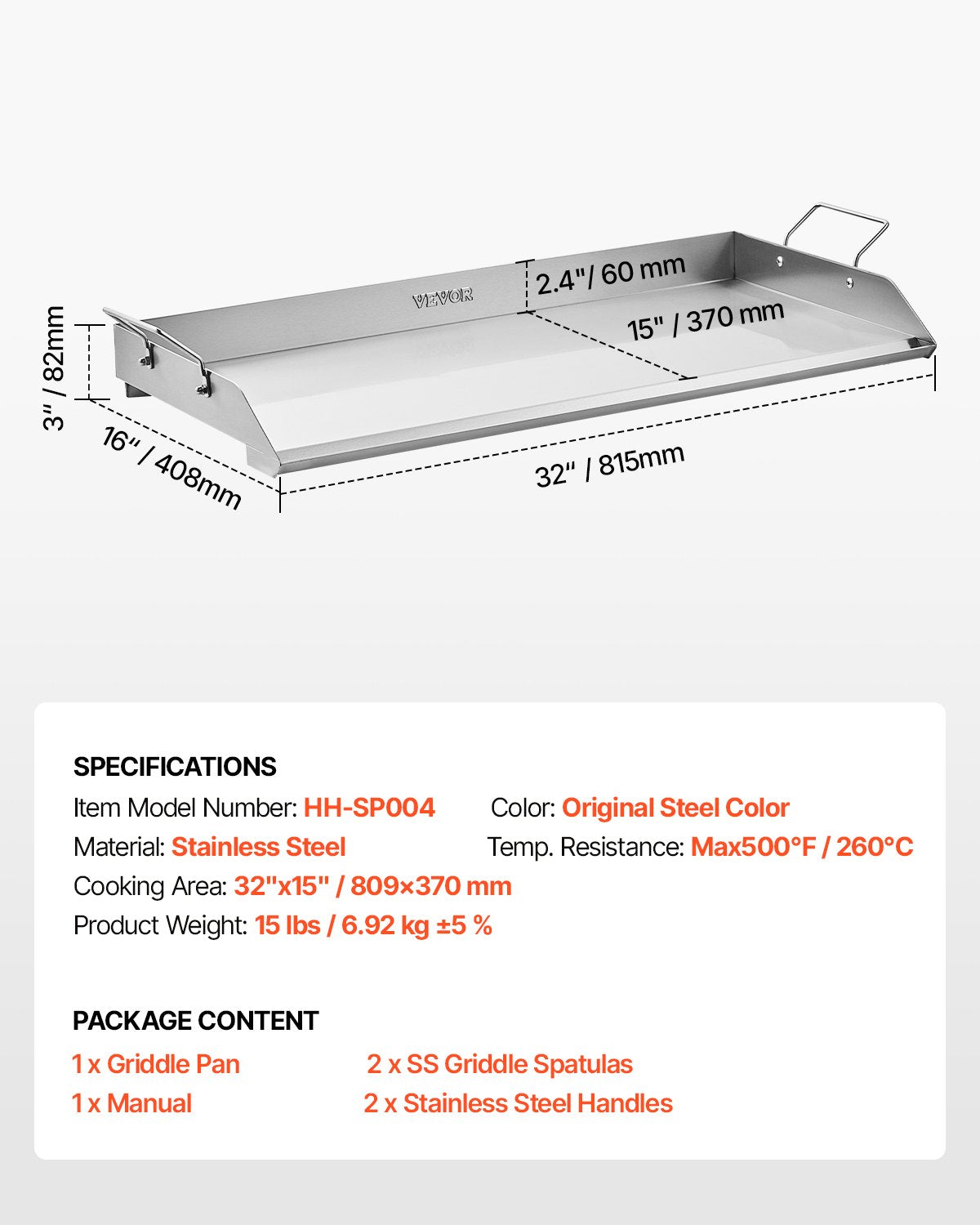 Stainless Steel Griddle, 32x16 inch Universal Flat Top Rectangular Plate, Gas Grill Griddle for BBQ Grill, Teppanyaki, Portable Family Cookware with Handle, for Camping Tailgating Party