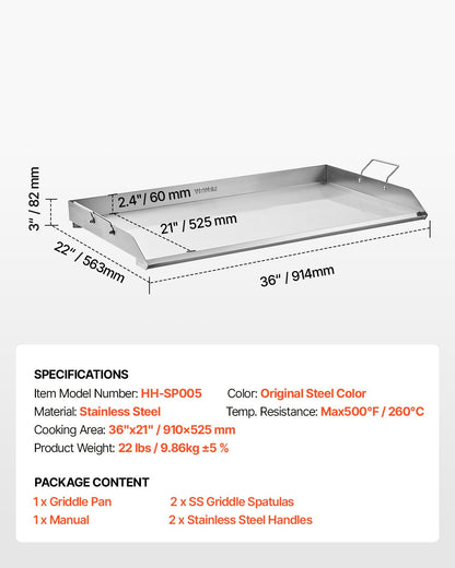 Stainless Steel Griddle, 36x22 inch Universal Flat Top Rectangular Plate, Gas Grill Griddle for BBQ Grill, Teppanyaki, Portable Family Cookware with Handle, for Camping Tailgating Party