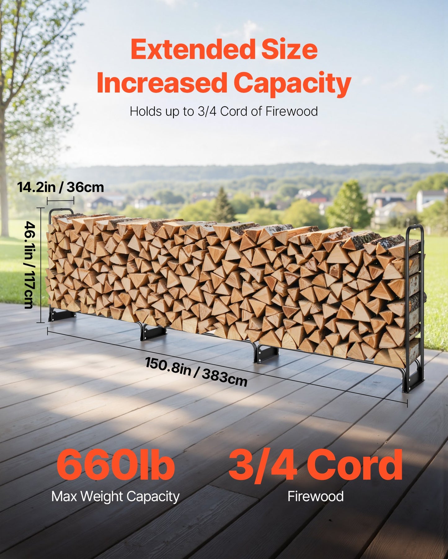3.9m Outdoor Firewood Rack with Cover, 386 cm x 36 cm x 117 cm, Heavy Duty Firewood Holder & 600D Oxford Waterproof Cover for Fireplace, Patio, Indoor/Outdoor Log Storage Rack for 3/4 Cord of Firewood
