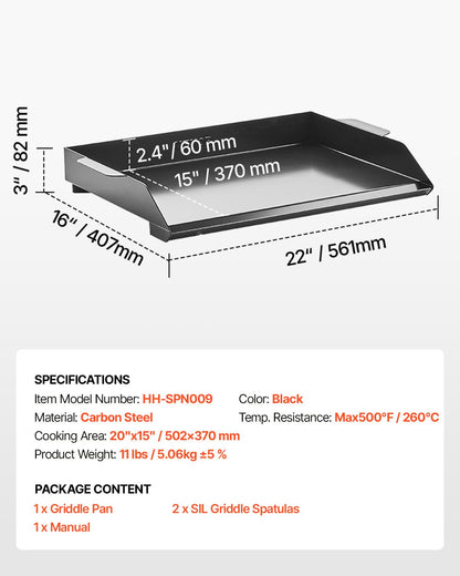 Carbon Steel Griddle, 22x16 inch Universal Flat Top Rectangular Plate, Gas Grill Griddle for BBQ Grill, Teppanyaki, Portable Family Cookware, for Camping Tailgating Party, Black