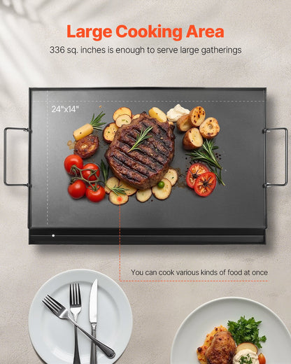 Carbon Steel Griddle, 24x16 inch Universal Flat Top Rectangular Plate, Gas Grill Griddle for BBQ Grill, Teppanyaki, Portable Family Cookware with Handle, for Camping Tailgating Party