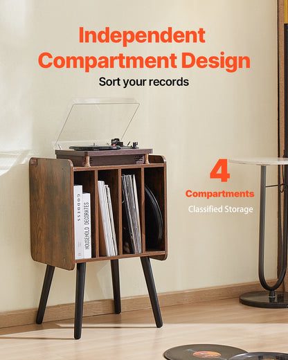 Skivspelareställ, skivspelare i 2 nivåer med 4 skåp, rymmer upp till 100 album, förvaringsskåp för vinylskivor i trä med displayhylla för sovrum, vardagsrum, brunt