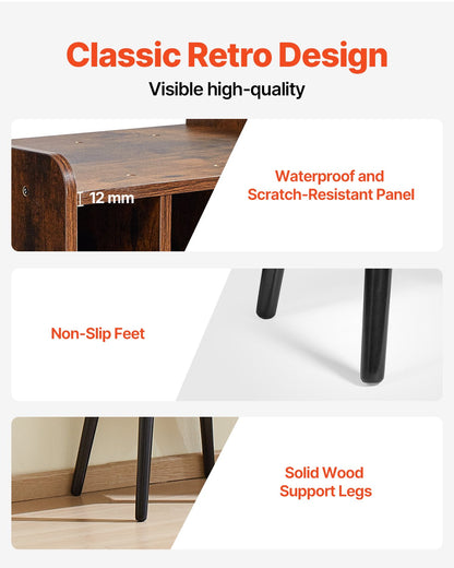 Skivspelareställ, skivspelare i 2 nivåer med 4 skåp, rymmer upp till 100 album, förvaringsskåp för vinylskivor i trä med displayhylla för sovrum, vardagsrum, brunt