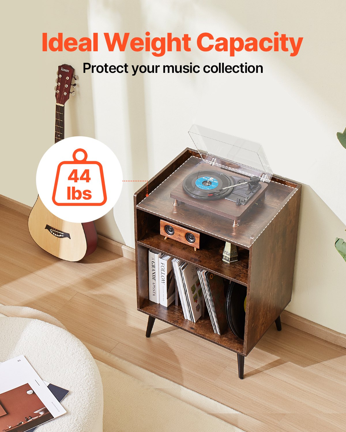 Record Player Stand with LED Light, 3 Tiers Turntable Stand with Charging Station & USB Ports, Holds up to 150 Albums, Vinyl Record Storage Cabinet with Display Shelf for Bedroom, Living Room