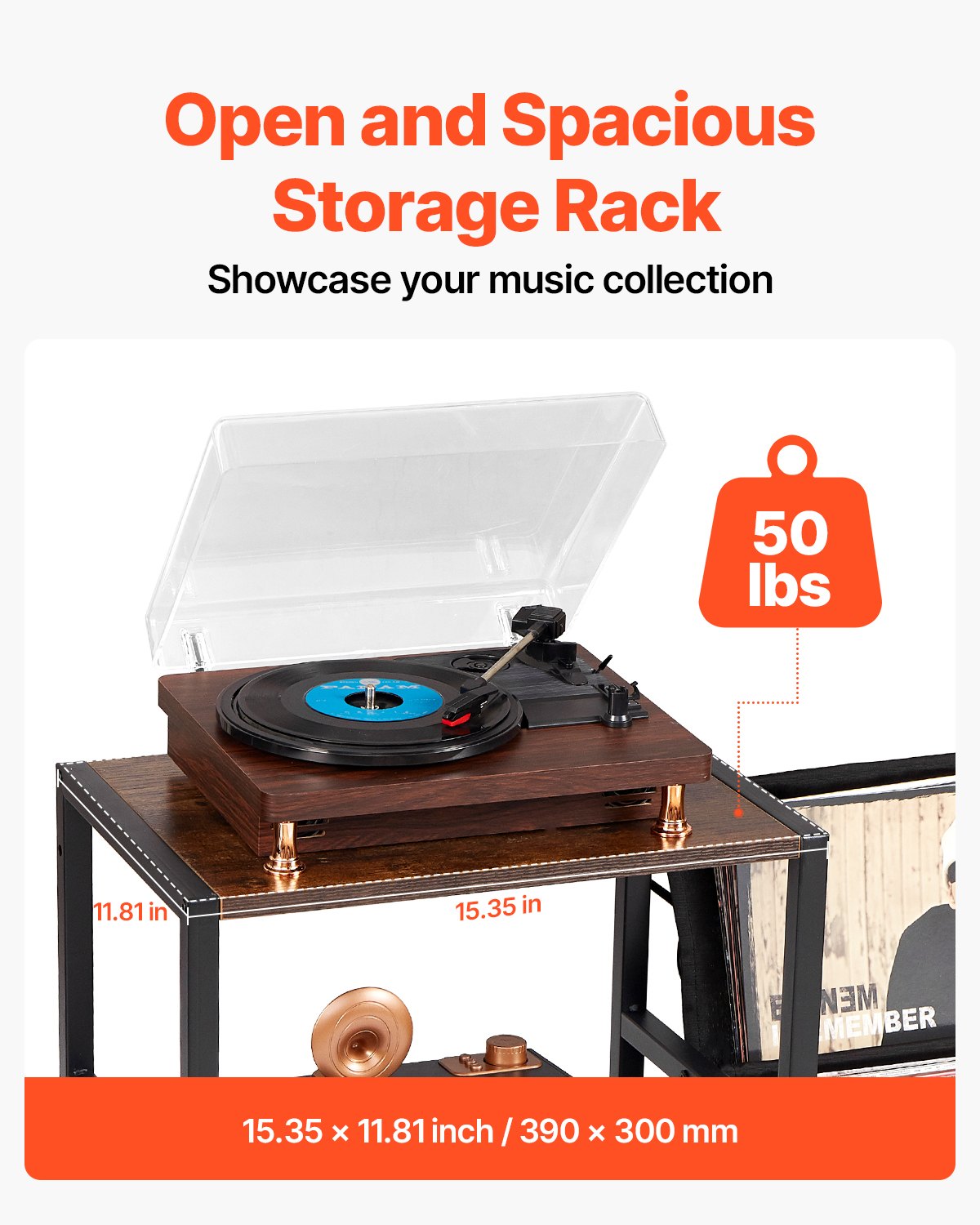 Record Player Stand with Charging Station & USB Ports, Holds up to 200 Albums, 3-Tier Turntable Stand with Vinyl Record Storage, Record Player Table with Display Shelf for Bedroom, Living Room