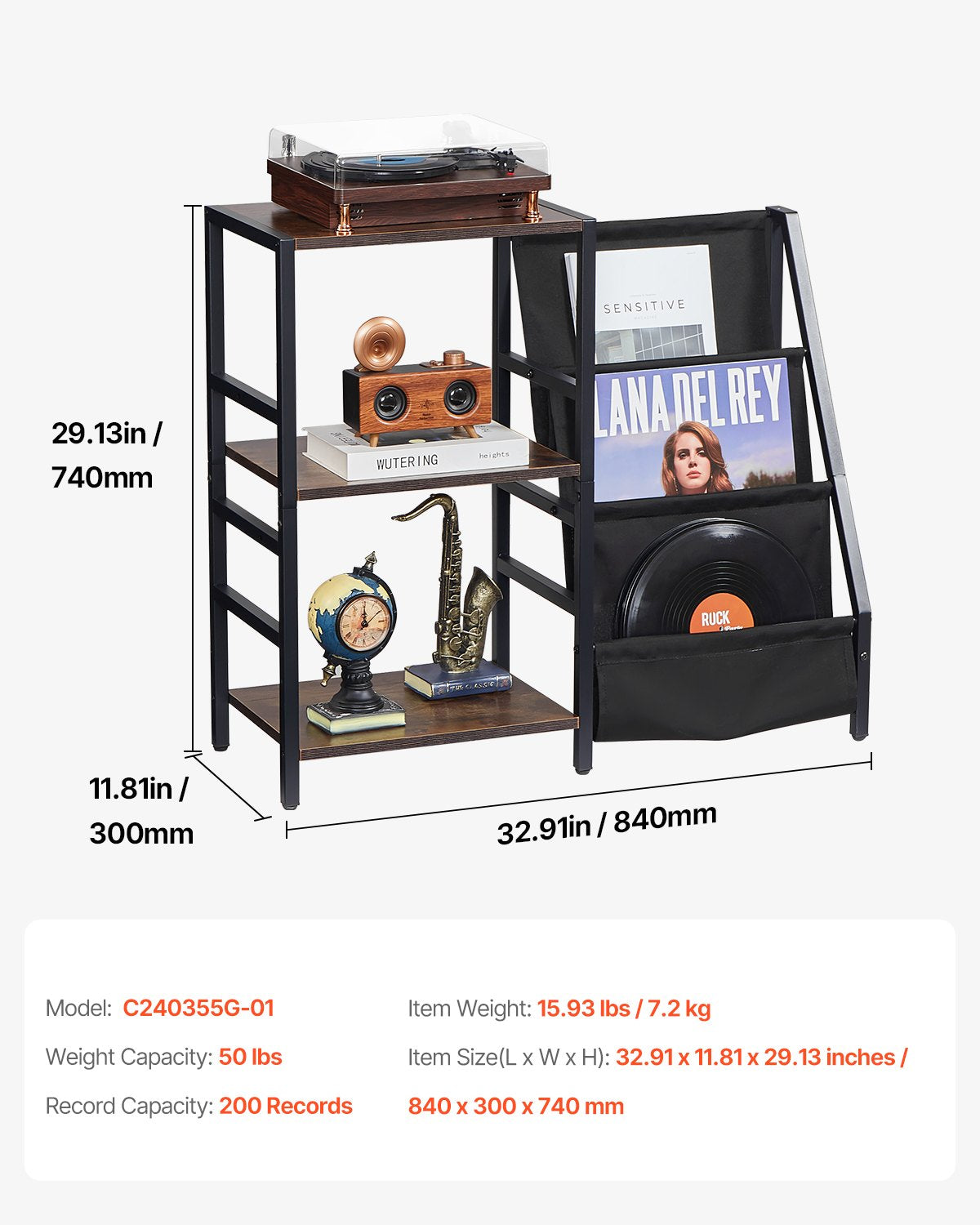 Record Player Stand with Charging Station & USB Ports, Holds up to 200 Albums, 3-Tier Turntable Stand with Vinyl Record Storage, Record Player Table with Display Shelf for Bedroom, Living Room