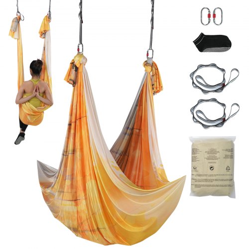 Aerial Yoga Hammock & Swing, 5.5 Yards, Aerial Yoga Starter Kit with 100gsm Nylon Fabric, Full Rigging Hardware & Easy Set-up Guide, Antigravity Flying for All Levels Fitness Bodybuilding, Gold
